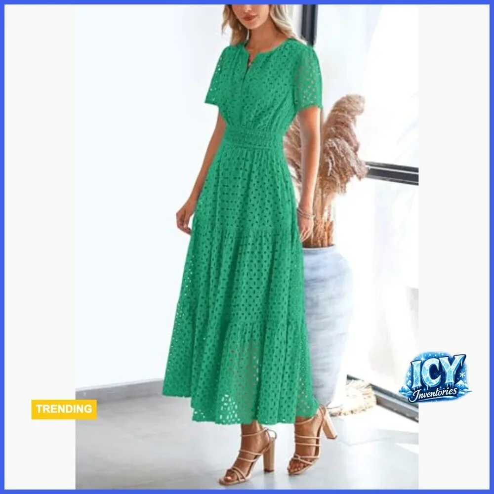 Cotton Eyelet Maxi Dress V-Neck Hollow Out Beach Vacation Formal